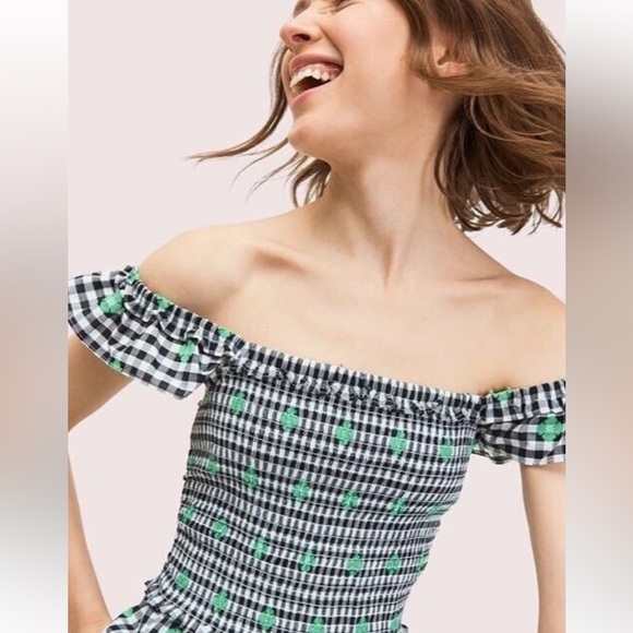 Kate Spade Gingham Voile Smocked Dress black white Kelly green -XXL-worn 1x - Picture 5 of 5